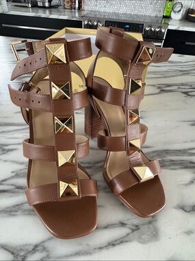 Michael Kors Brown Leather Studded Block Heel Sandals